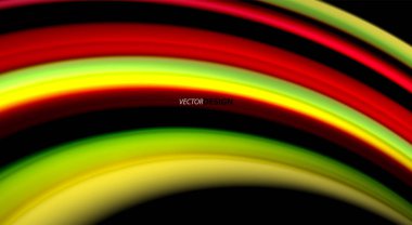 Sıvı gökkuşağı renkleri siyah arka plan üzerinde vektör dalga çizgiler ve kıvrımlar