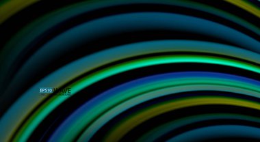 Sıvı gökkuşağı renkleri siyah arka plan üzerinde vektör dalga çizgiler ve kıvrımlar