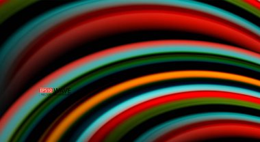 Sıvı gökkuşağı renkleri siyah arka plan üzerinde vektör dalga çizgiler ve kıvrımlar