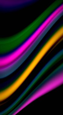 Sıvı gökkuşağı renkleri siyah arka plan üzerinde vektör dalga çizgiler ve kıvrımlar