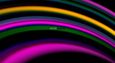 Sıvı gökkuşağı renkleri siyah arka plan üzerinde vektör dalga çizgiler ve kıvrımlar