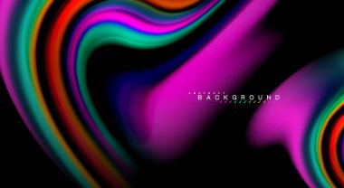 Sıvı gökkuşağı renkleri siyah arka plan üzerinde vektör dalga çizgiler ve kıvrımlar