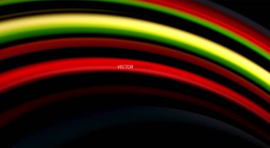 Sıvı gökkuşağı renkleri siyah arka plan üzerinde vektör dalga çizgiler ve kıvrımlar