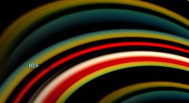 Sıvı gökkuşağı renkleri siyah arka plan üzerinde vektör dalga çizgiler ve kıvrımlar