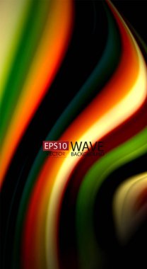 Sıvı gökkuşağı renkleri siyah arka plan üzerinde vektör dalga çizgiler ve kıvrımlar