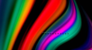 Sıvı gökkuşağı renkleri siyah arka plan üzerinde vektör dalga çizgiler ve kıvrımlar