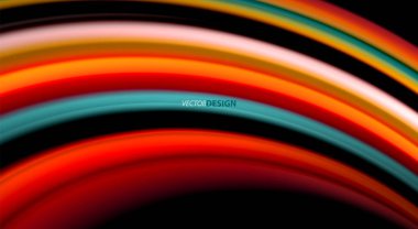 Sıvı gökkuşağı renkleri siyah arka plan üzerinde dalga çizgiler ve kıvrımlar, sunum, app duvar kağıdı, başlık sayfası veya poster için sanatsal illüstrasyon vektör