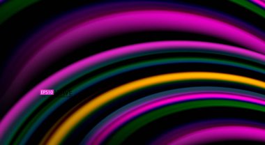 Sıvı gökkuşağı renkleri siyah arka plan üzerinde vektör dalga çizgiler ve kıvrımlar