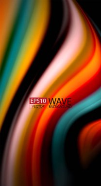 Sıvı gökkuşağı renkleri siyah arka plan üzerinde vektör dalga çizgiler ve kıvrımlar