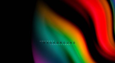 Sıvı gökkuşağı renkleri siyah arka plan üzerinde vektör dalga çizgiler ve kıvrımlar