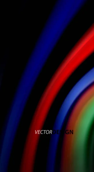 Cores de arco-íris fluidos no fundo preto, linhas de ondas vetoriais e redemoinhos — Vetor de Stock