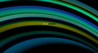 Sıvı gökkuşağı renkleri siyah arka plan üzerinde vektör dalga çizgiler ve kıvrımlar