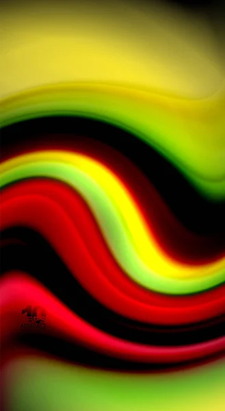 Cores de arco-íris fluidos no fundo preto, linhas de ondas vetoriais e redemoinhos — Vetor de Stock