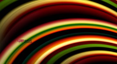 Sıvı gökkuşağı renkleri siyah arka plan üzerinde vektör dalga çizgiler ve kıvrımlar