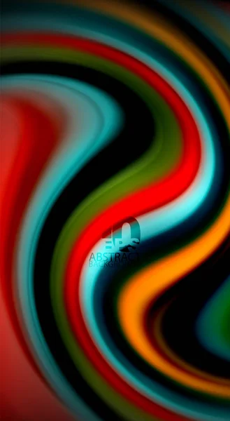 Fluidos colores del arco iris sobre fondo negro, líneas de onda vectorial y remolinos — Vector de stock