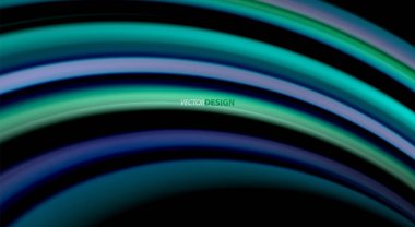 Sıvı gökkuşağı renkleri siyah arka plan üzerinde vektör dalga çizgiler ve kıvrımlar