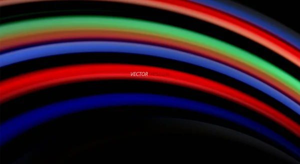 Fluidos colores del arco iris sobre fondo negro, líneas de onda vectorial y remolinos — Vector de stock