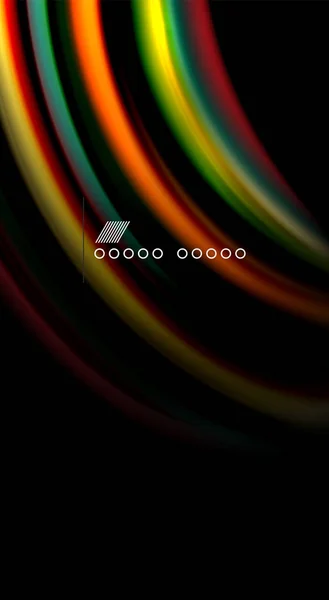 Abstrakte bølgelinjer flytende regnbuefargede striper på svart bakgrunn. Kunstnerisk illustrasjon for presentasjon, app tapeter, banner eller plakat – stockvektor