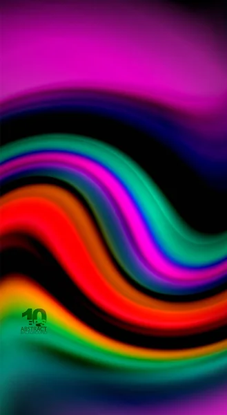 Colori fluidi arcobaleno su sfondo nero, linee d'onda vettoriale e vortici — Vettoriale Stock