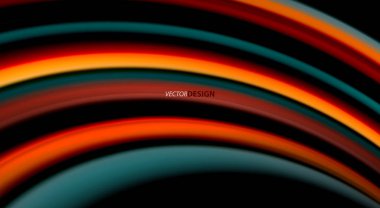 Sıvı gökkuşağı renkleri siyah arka plan üzerinde vektör dalga çizgiler ve kıvrımlar