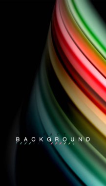 Dalga satırları sıvı gökkuşağı tarzı renk çizgili siyah arka plan üzerine soyut. Sunum, app duvar kağıdı, başlık sayfası veya poster için sanatsal illüstrasyon vektör