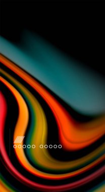 Sıvı gökkuşağı renkleri siyah arka plan üzerinde vektör dalga çizgiler ve kıvrımlar