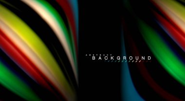 Dalga satırları sıvı gökkuşağı tarzı renk çizgili siyah arka plan üzerine soyut. Sunum, app duvar kağıdı, başlık sayfası veya poster için sanatsal illüstrasyon vektör