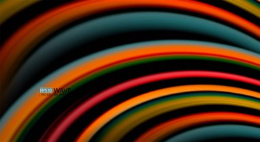 Sıvı gökkuşağı renkleri siyah arka plan üzerinde vektör dalga çizgiler ve kıvrımlar