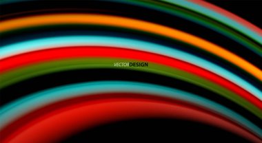 Sıvı gökkuşağı renkleri siyah arka plan üzerinde vektör dalga çizgiler ve kıvrımlar