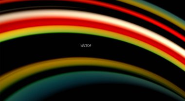 Sıvı gökkuşağı renkleri siyah arka plan üzerinde vektör dalga çizgiler ve kıvrımlar