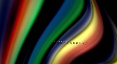 Sıvı gökkuşağı renkleri siyah arka plan üzerinde vektör dalga çizgiler ve kıvrımlar