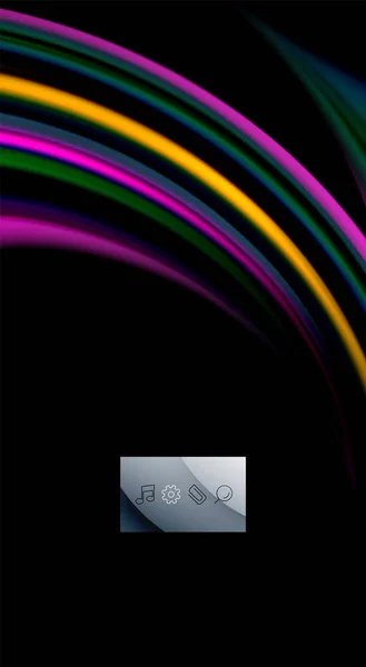Vloeibare regenboogkleuren op zwarte achtergrond, vector golf lijnen en swirls — Stockvector
