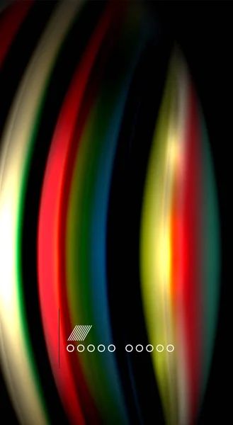 Linhas de onda abstratas listras de cor estilo arco-íris fluido no fundo preto. Ilustração artística para apresentação, papel de parede app, banner ou cartaz — Vetor de Stock