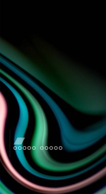 Sıvı gökkuşağı renkleri siyah arka plan üzerinde vektör dalga çizgiler ve kıvrımlar