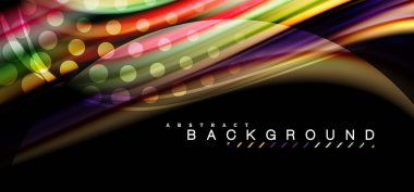 Çok renkli dalga satırlarında siyah arka plan vektör tasarımı