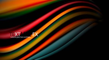 Sıvı gökkuşağı renkleri siyah arka plan üzerinde vektör dalga çizgiler ve kıvrımlar