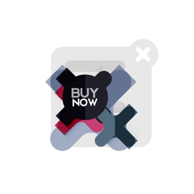 Düz tasarım çapraz şekil geometrik etiket simge, kağıt tarzı tasarım şimdi satın almak ile iş veya web sunum, app veya arayüzü düğmeleri için örnek metin