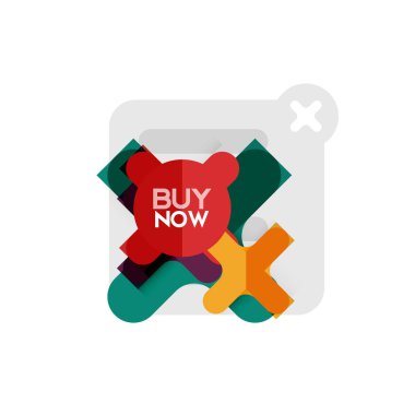 Düz tasarım çapraz şekil geometrik etiket simge, kağıt tarzı tasarım şimdi satın almak ile iş veya web sunum, app veya arayüzü düğmeleri için örnek metin