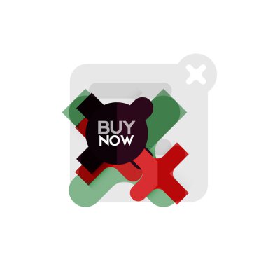 Düz tasarım çapraz şekil geometrik etiket simge, kağıt tarzı tasarım şimdi satın almak ile iş veya web sunum, app veya arayüzü düğmeleri için örnek metin