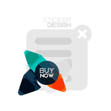Düz tasarım üçgen ok şekli geometrik etiket simgesi, kağıt tarzı tasarım ile satın iş veya web sunumu, app veya arayüzü düğmeleri, internet web sitesi için örnek metin depolamak şimdi afiş