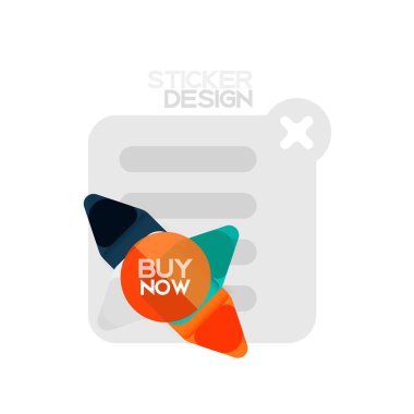 Düz tasarım üçgen ok şekli geometrik etiket simgesi, kağıt tarzı tasarım iş veya web sunumu, app veya arayüzü düğmeleri, internet web sitesi için satın almak şimdi örnek metin ile mağaza afiş ve