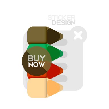 Düz tasarım üçgen ok şekli geometrik etiket simgesi, kağıt tarzı tasarım ile satın iş veya web sunumu, app veya arayüzü düğmeleri, internet web sitesi için örnek metin depolamak şimdi afiş