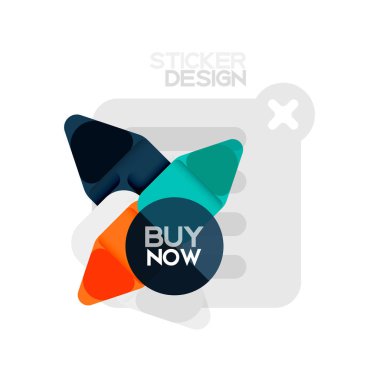 Düz tasarım üçgen ok şekli geometrik etiket simgesi, kağıt tarzı tasarım ile satın iş veya web sunumu, app veya arayüzü düğmeleri, internet web sitesi için örnek metin depolamak şimdi afiş