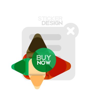 Düz tasarım üçgen ok şekli geometrik etiket simgesi, kağıt tarzı tasarım ile satın iş veya web sunumu, app veya arayüzü düğmeleri, internet web sitesi için örnek metin depolamak şimdi afiş