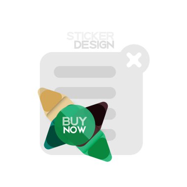 Düz tasarım üçgen ok şekli geometrik etiket simgesi, kağıt tarzı tasarım ile satın iş veya web sunumu, app veya arayüzü düğmeleri, internet web sitesi için örnek metin depolamak şimdi afiş