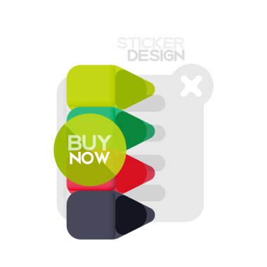 Düz tasarım üçgen ok şekli geometrik etiket simgesi, kağıt tarzı tasarım ile satın iş veya web sunumu, app veya arayüzü düğmeleri, internet web sitesi için örnek metin depolamak şimdi afiş