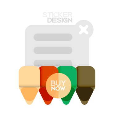 Düz tasarım üçgen ok şekli geometrik etiket simgesi, kağıt tarzı tasarım ile satın iş veya web sunumu, app veya arayüzü düğmeleri, internet web sitesi için örnek metin depolamak şimdi afiş