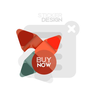 Düz tasarım üçgen ok şekli geometrik etiket simgesi, kağıt tarzı tasarım ile satın iş veya web sunumu, app veya arayüzü düğmeleri, internet web sitesi için örnek metin depolamak şimdi afiş