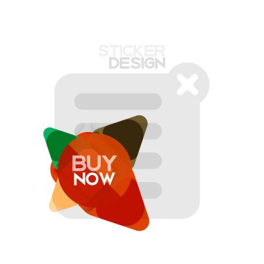 Düz tasarım üçgen ok şekli geometrik etiket simgesi, kağıt tarzı tasarım ile satın iş veya web sunumu, app veya arayüzü düğmeleri, internet web sitesi için örnek metin depolamak şimdi afiş