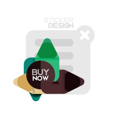 Düz tasarım üçgen ok şekli geometrik etiket simgesi, kağıt tarzı tasarım ile satın iş veya web sunumu, app veya arayüzü düğmeleri, internet web sitesi için örnek metin depolamak şimdi afiş